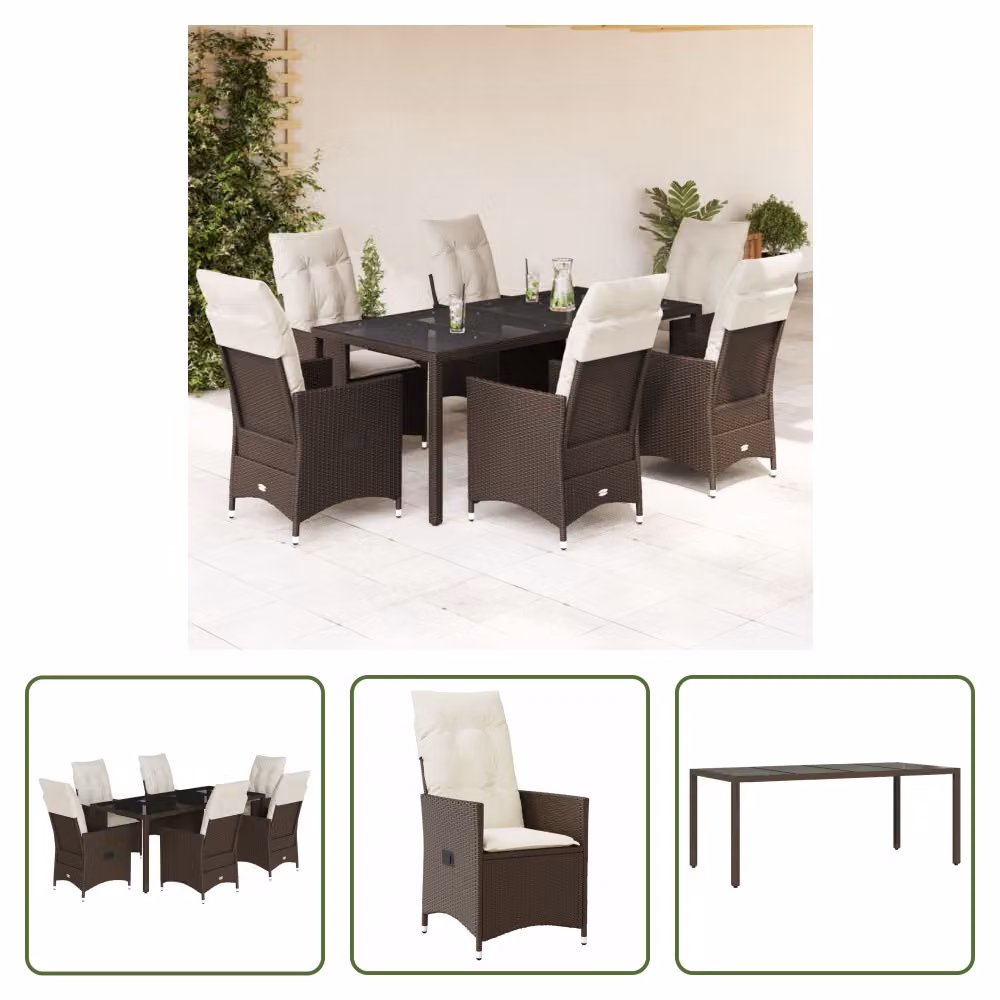 The Living Store Set da pranzo da giardino 7 pezzi con cuscini in polirattan marrone