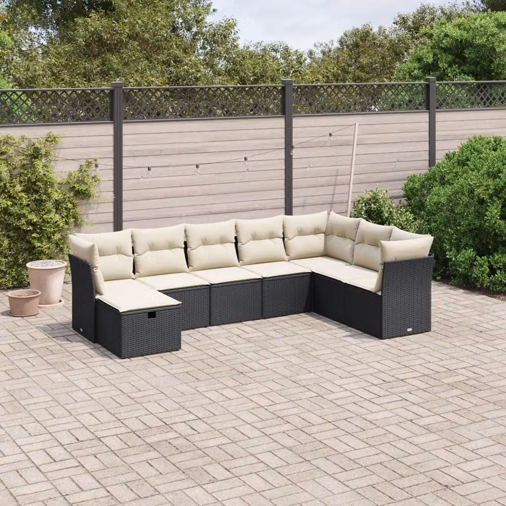 Set di Divani da Giardino vidaXL a Forma di L con Cuscini, 8 Pezzi, Nero e Bianco in Polyrattan e Acciaio Verniciato a Polvere – 1