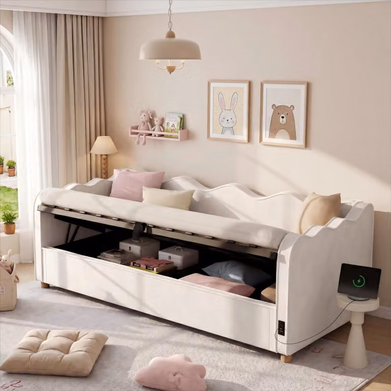 Divano letto idraulico Flieks 90x200 cm con contenitore, letto per ragazzi con porta USB e Type-C, divano letto con schienale, velluto, beige