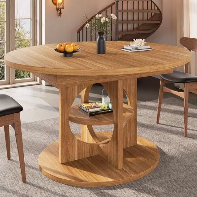 Tavolo da pranzo allungabile rotondo-ovale 110-150 cm con ripiano, effetto legno