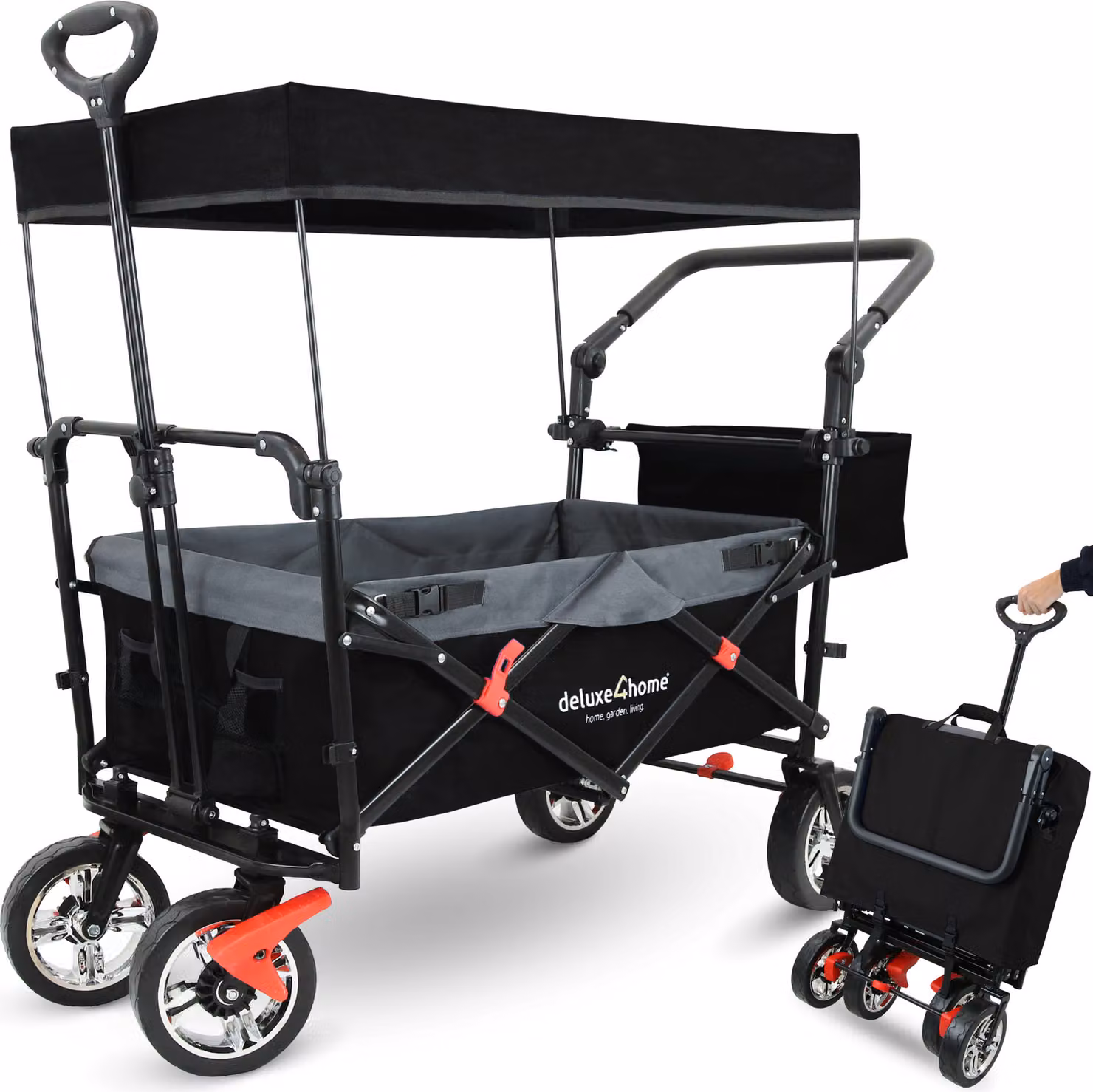deluxe4home® Carrello a mano con tetto pieghevole Nero I Carrello a mano Carrello da trasporto fino a 80 kg I Pneumatici larghi Freni del carrello I Robusto carrello da spiaggia