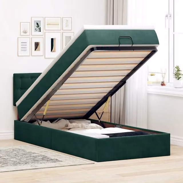 Letto con contenitore a sollevamento e materasso vidaXL in velluto verde, L 90 x P 193 x H 88 cm con porta USB e illuminazione sottostante