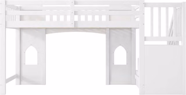 Letto a castello 90x200 cm con scala contenitore e finestre, bianco in legno di pino