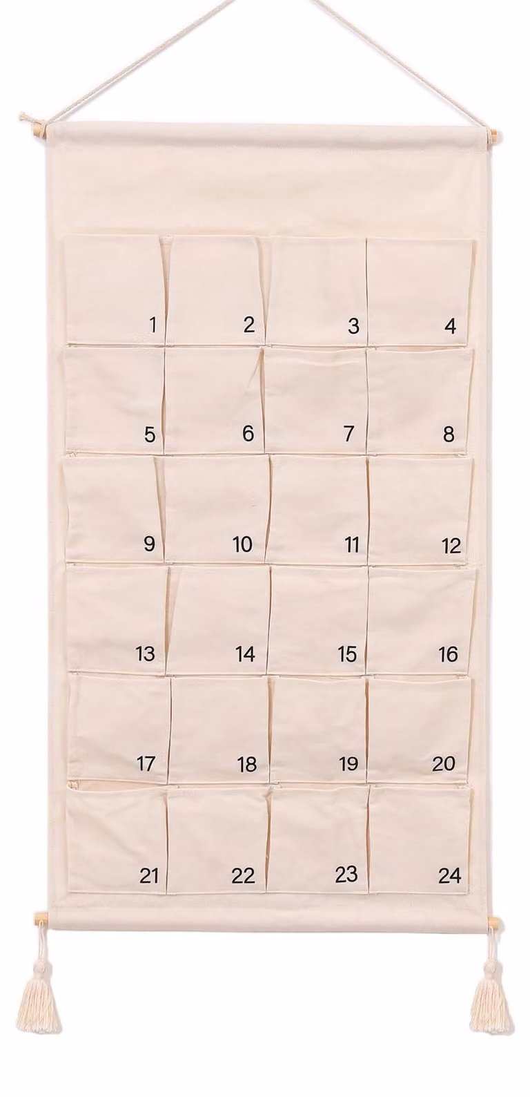 Calendario dell'Avvento in tessuto, con 24 tasche, da personalizzare, dimensioni 48x89 cm, colore bianco