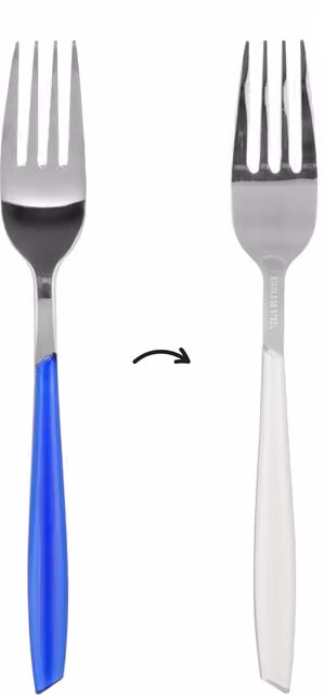Forchetta da tavola bicolore blu e bianco in acciaio inox e plastica lavabile in lavastoviglie