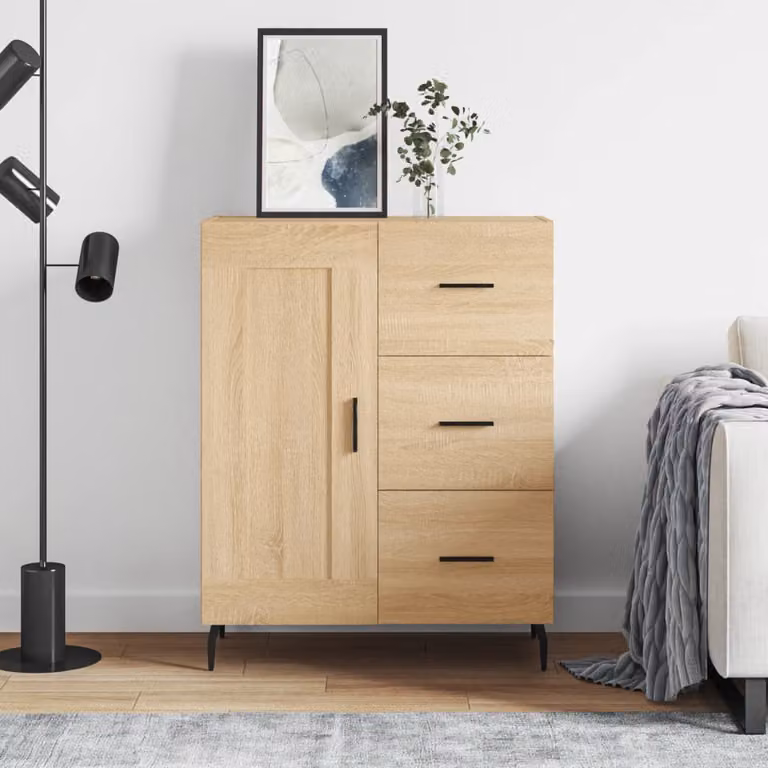Credenza moderna vidaXL in legno multistrato e metallo, colore rovere sonoma beige e marrone, L: 69,5 cm, P: 34 cm, H: 90 cm
