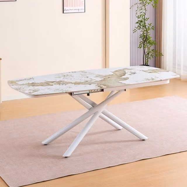 Tavolo girevole allungabile piano ceramica effetto marmo arabesque bianco lucido Astrid 140x90x76H