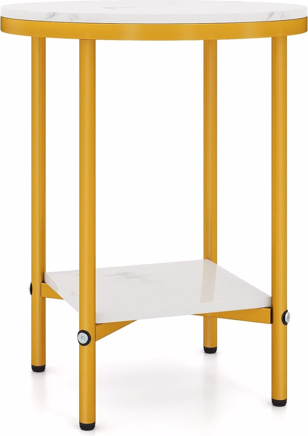 Tavolino da caffè rotondo effetto marmo, 2 livelli, bianco/oro