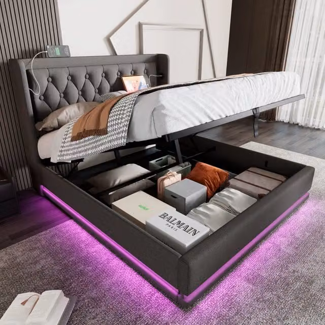 Letto matrimoniale 160x200 cm con contenitore; USB Type-C; LED a 3 lati; grigio in cotone