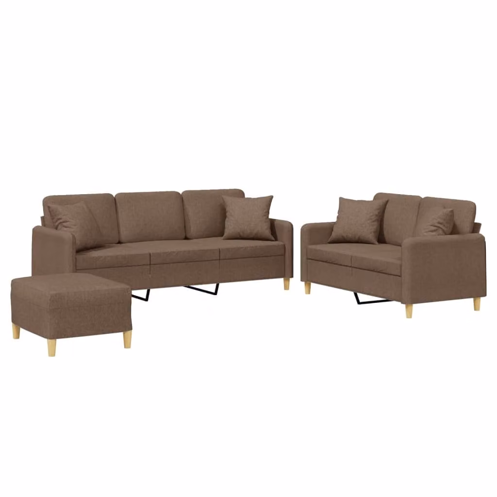 Set di Divani 3 pz con Cuscini Marrone in Tessuto