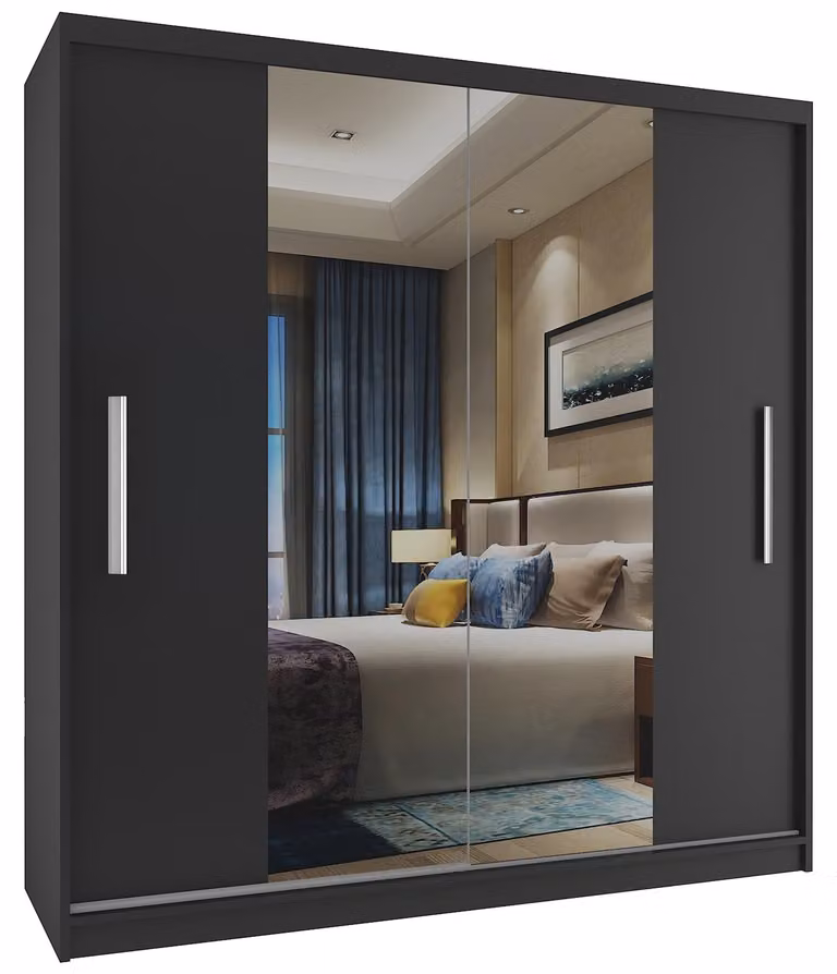 BELINI Verona, armadio scorrevole da 158 cm, nero opaco - armadio con specchio e asta appendiabiti, ideale per la camera da letto