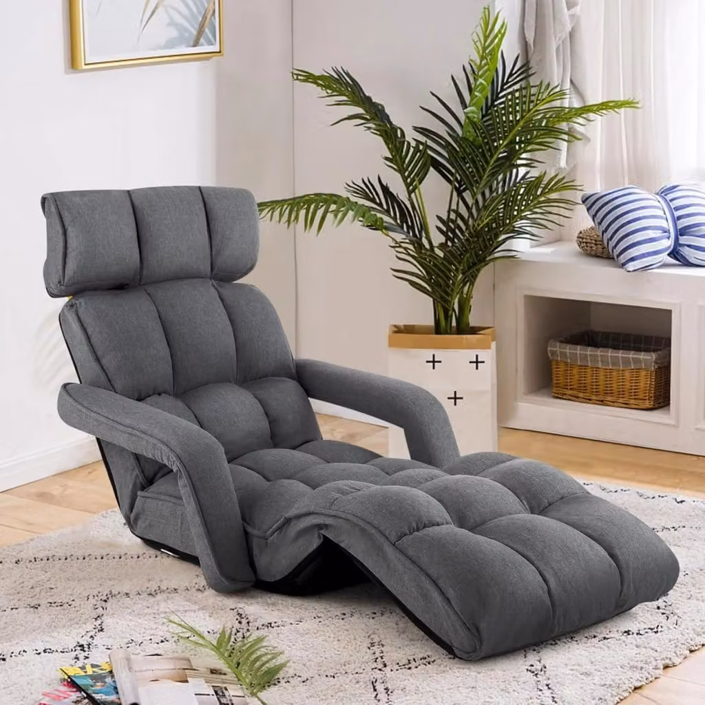 Poltrona Salotto Pieghevole Costway Reclinabile in 5 Posizioni con Braccioli Regolabili e Schienale Imbottito, Grigio scuro, L: 195 cm, P: 73 cm, H: 19 cm – 2