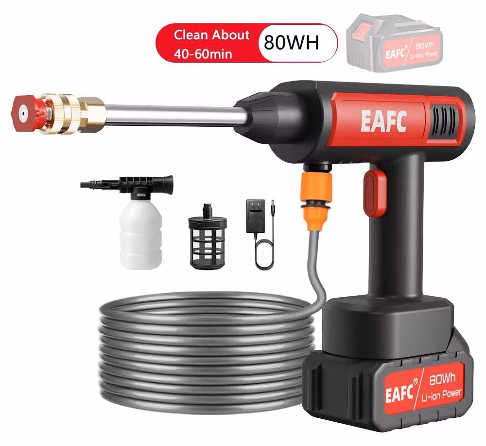 Idropulitrice a batteria - Pistola di lavaggio - Pressione 60 bar - Batteria da 80 Wh - Tubo da 5–10 m - Parti in rame - Getto d'acqua - Blu