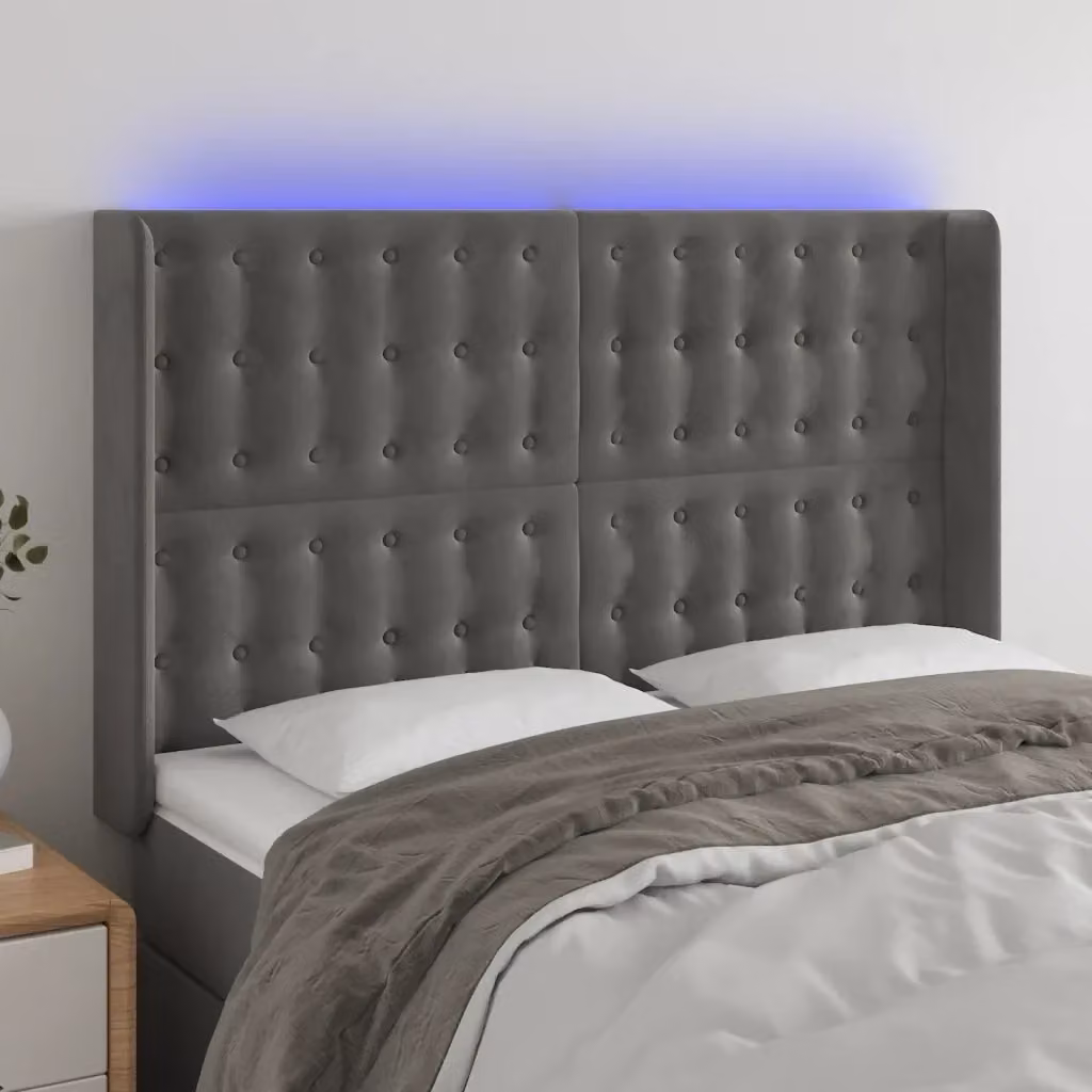 Testata del letto con illuminazione LED e porta di ricarica USB in velluto grigio, L: 147 cm, P: 16 cm, H: 118/128 cm – 2