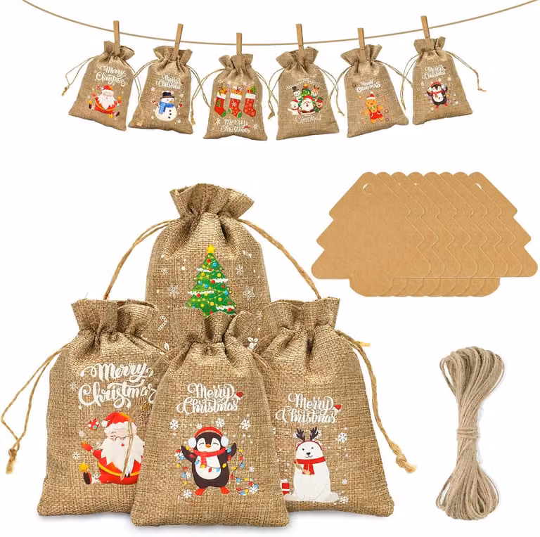 Calendario dell'Avvento da riempire con sacchetti di juta: sacchetti natalizi di 10x15 cm per bambini