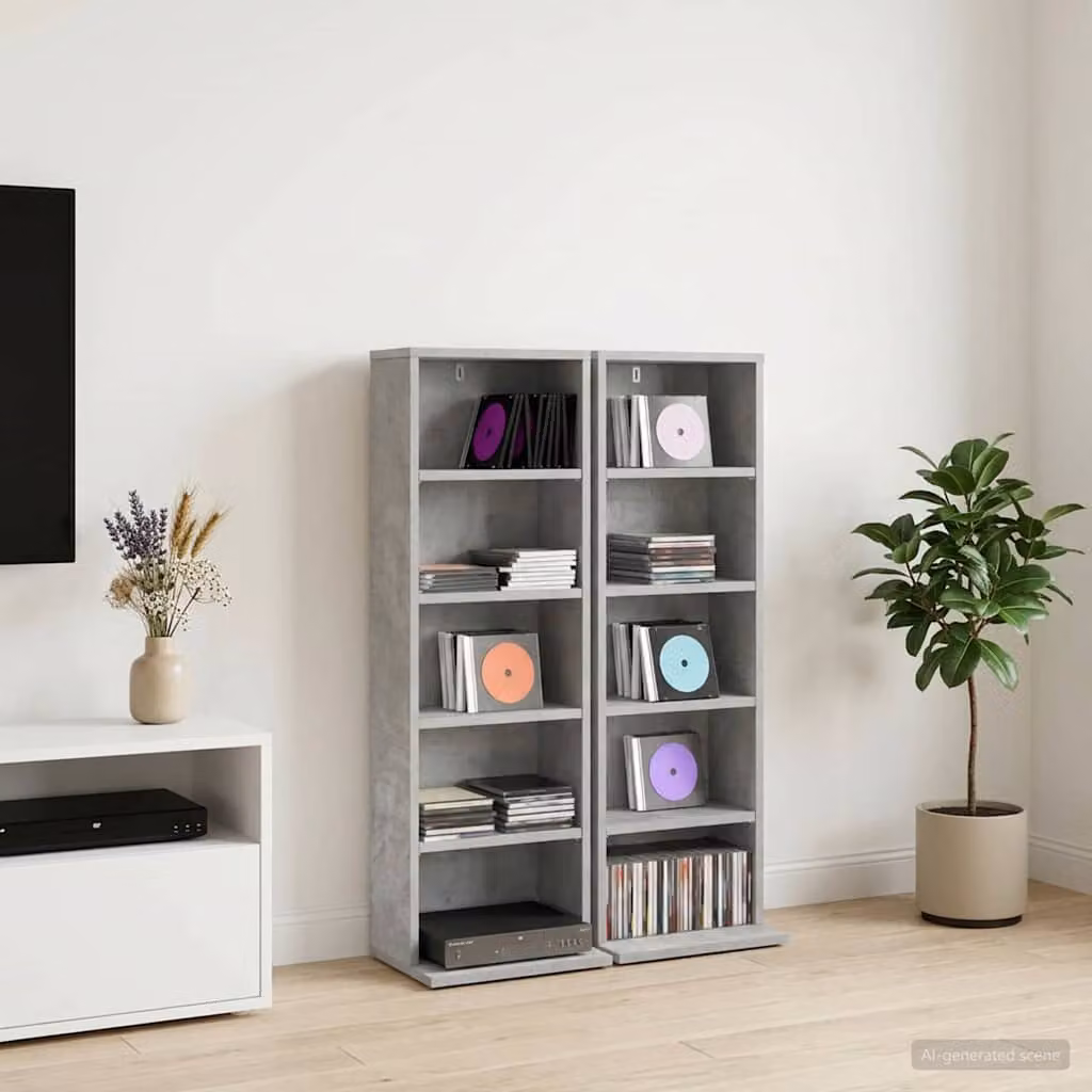 Set di 2 mobili porta CD vidaXL in MDF Grigio Cemento con ripiani regolabili, L: 33 cm, P: 23,5 cm, H: 97,5 cm