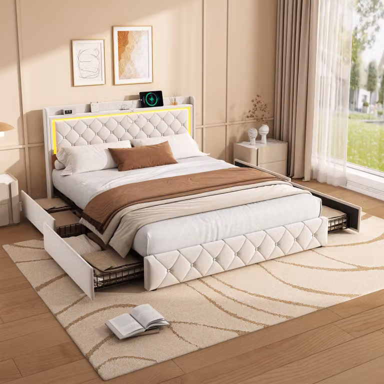 Letto imbottito Fortuna Lai 140x200cm con testiera e 4 cassetti, USB, illuminazione LED, letto funzionale letto matrimoniale in velluto con rete a doghe per adulti e ragazzi