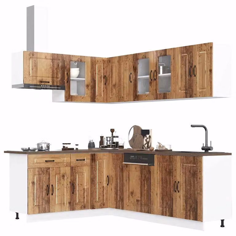 Set di mobili da cucina vidaXL Kalmar composto da 11 pezzi in stile rustico color marrone con finitura opaca e dettagli in legno e vetro