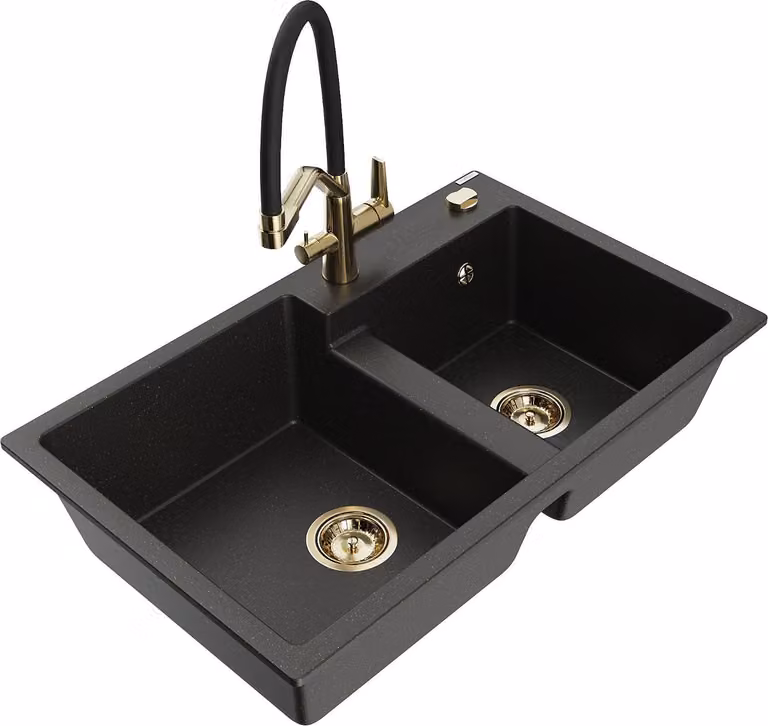 Mexen Tomas lavello in granito a 2 vasche con miscelatore cucina Duo, nero/oro metallizzato - 6516-75-671701-57-G