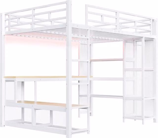 Letto a soppalco in metallo 140x200 cm, bianco, con scrivania integrata, scaffali, armadio aperto, LED a 16 colori e presa USB