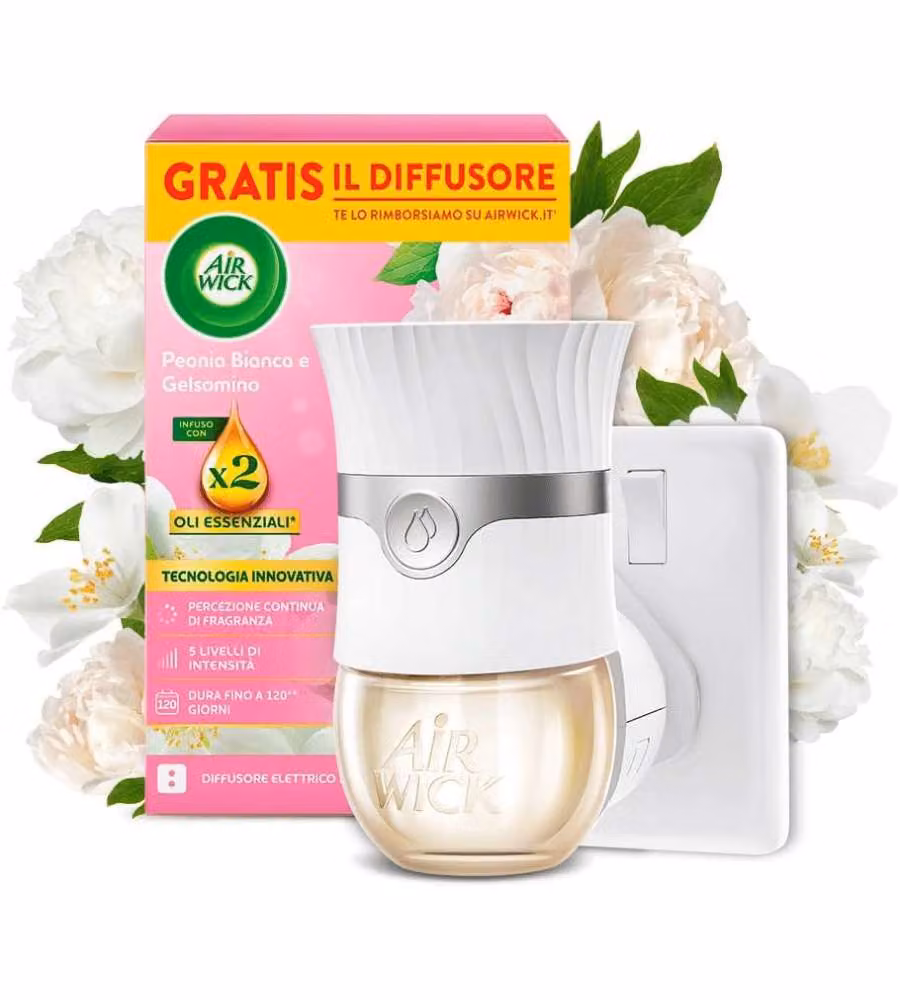 Airwick Diffusore Elettrico Oli Essenziali Peonia Bianca e Gelsomino