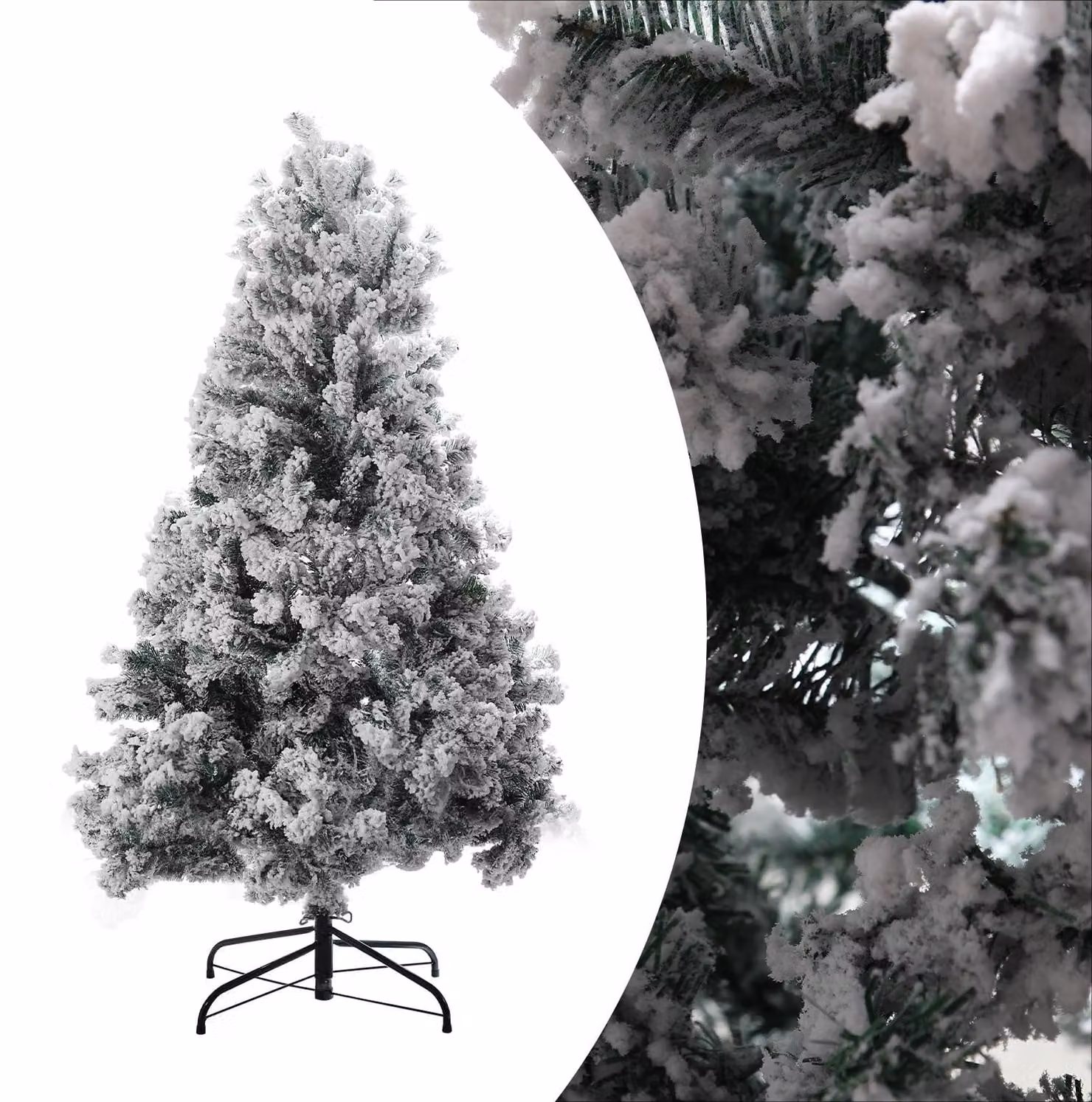 Albero di Natale artificiale Ikodm, altezza 150 cm, con decorazioni a neve, 550 punte, abete artificiale molto folto con rivestimento a neve e base in metallo pieghevole
