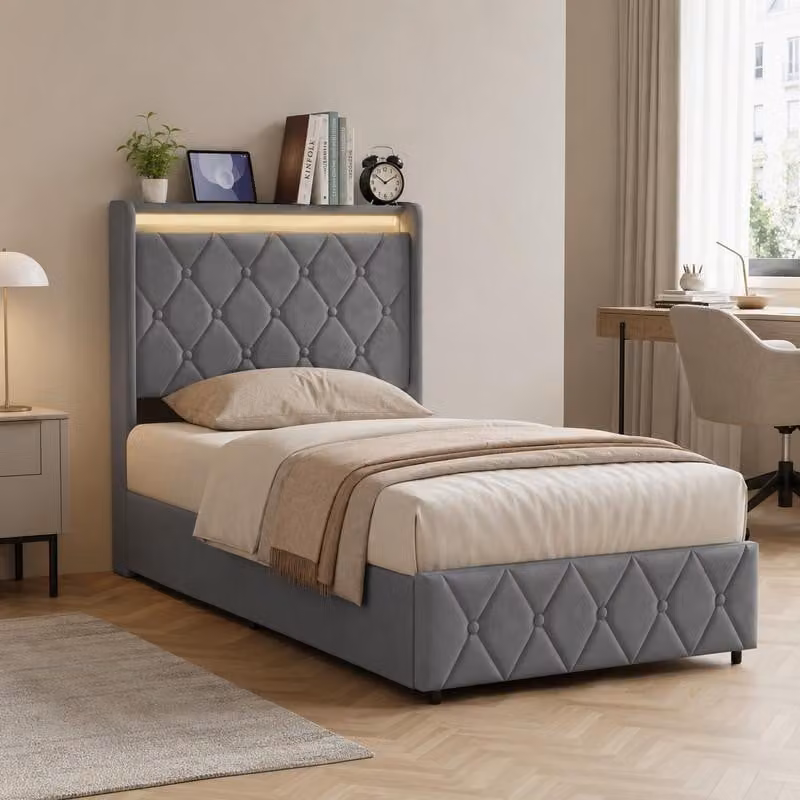 Letto imbottito ProximaX 90x200 cm in velluto con vano portaoggetti idraulico, LED RGB e stazione di ricarica USB-C, grigio