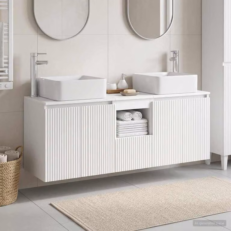 Set di mobili da bagno moderno vidaXL in legno bianco opaco, composto da 3 pezzi con vanità e armadietti laterali, L/P/H: 135 x 35 x 80 cm