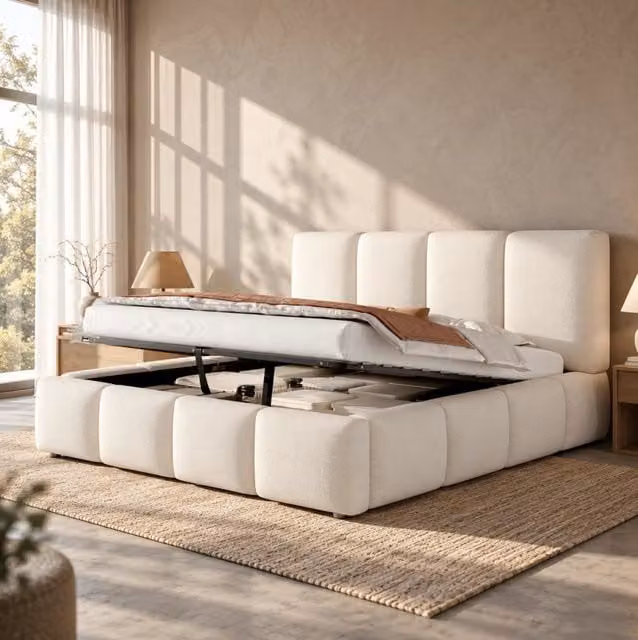 Letto matrimoniale imbottito 160x200 cm con contenitore idraulico, rete a doghe e testiera in bouclé bianco