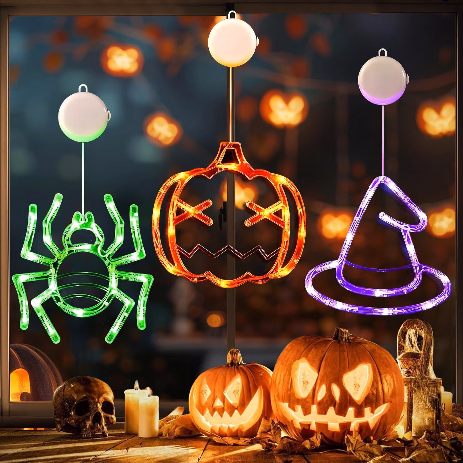 Lampade decorative per finestre a tema Halloween, confezione da 3, con motivi di zucca, ragno e cappello da strega