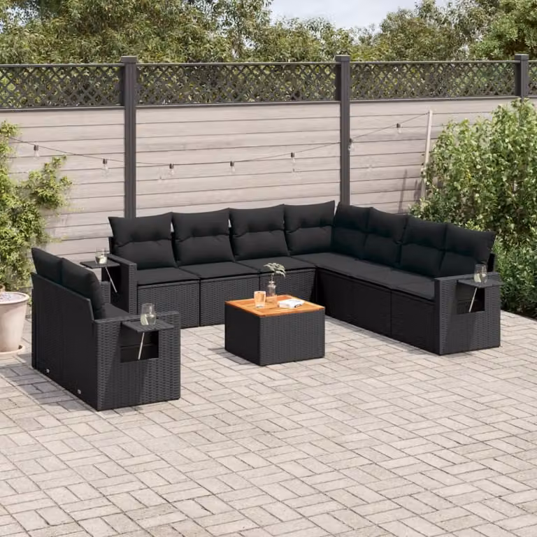 vidaXL Set Divani da Giardino a L con Tavolino da Caffè, 10 Pezzi in Polyrattan Nero con Cuscini Imbottiti e Rivestimenti Rimovibili