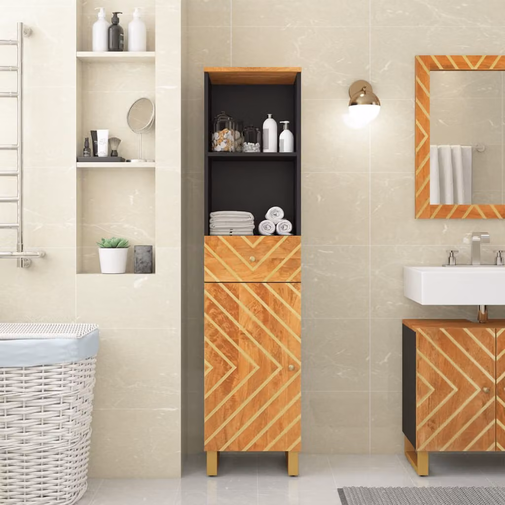 Mobile da bagno vidaXL in legno di mango marrone e nero L/P/H: 38 x 33,5 x 160 cm