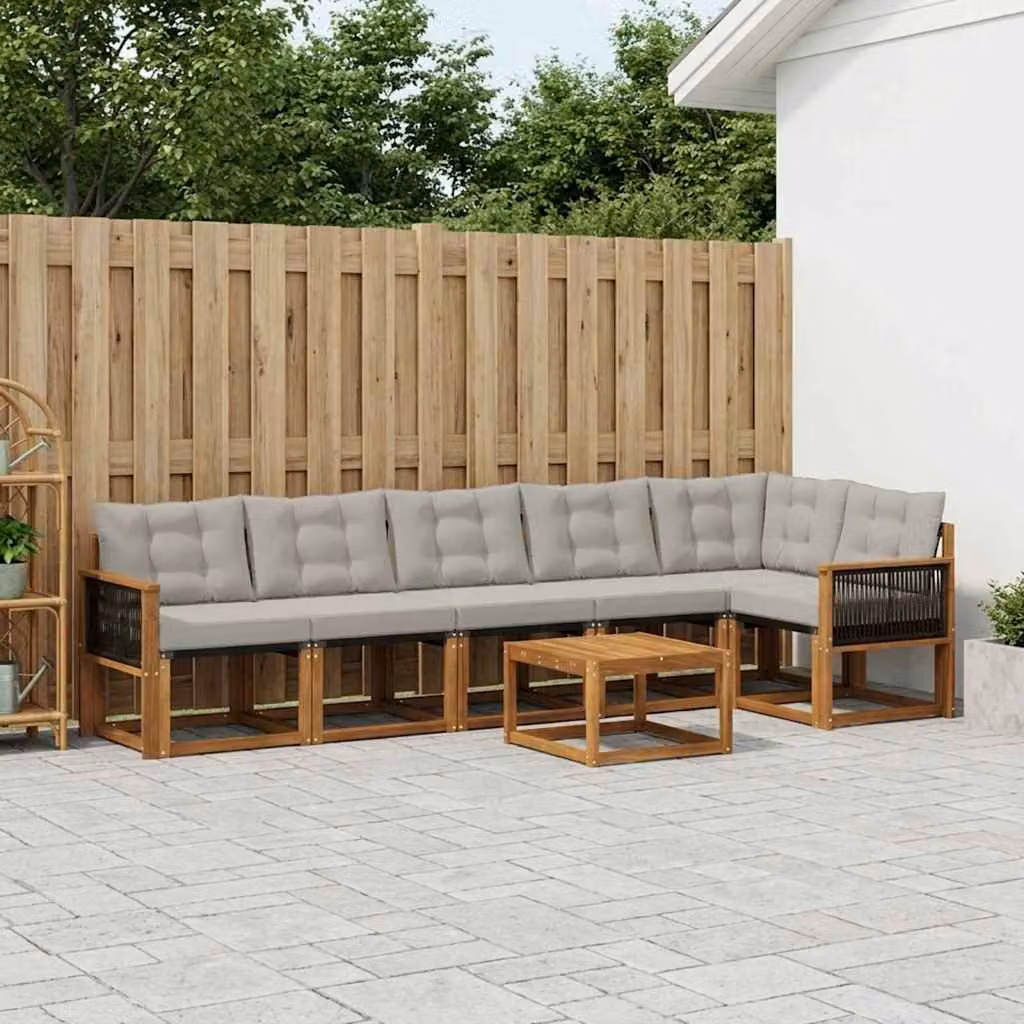 Set di divani da esterno vidaXL 7 pz in legno di acacia con cuscini grigi e marroni per giardino e terrazza