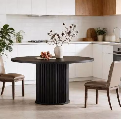 Tavolo rotondo nero da pranzo in legno e metallo, 120 cm, fino a 6 posti