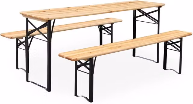 Set tavolo e 2 panche pieghevoli Sweeek in legno e metallo marrone per giardino ed eventi – 1