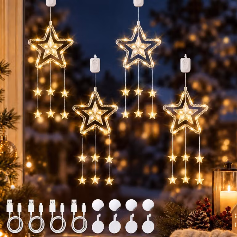 Luci decorative a LED a forma di stella per finestre, confezione da 4 pezzi, luce bianco caldo, ricaricabili