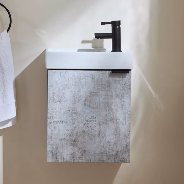 Mobile Bagno Grigio Cemento Sospeso da 400mm con Lavabo e Maniglia Moderna Nera con Impugnatura a Dito - Cluo