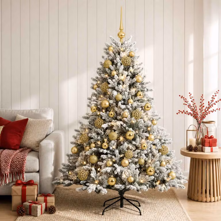 Albero di Natale artificiale moderno vidaXL verde con 150 LED bianco caldo e palline bianche, Altezza: 120 cm