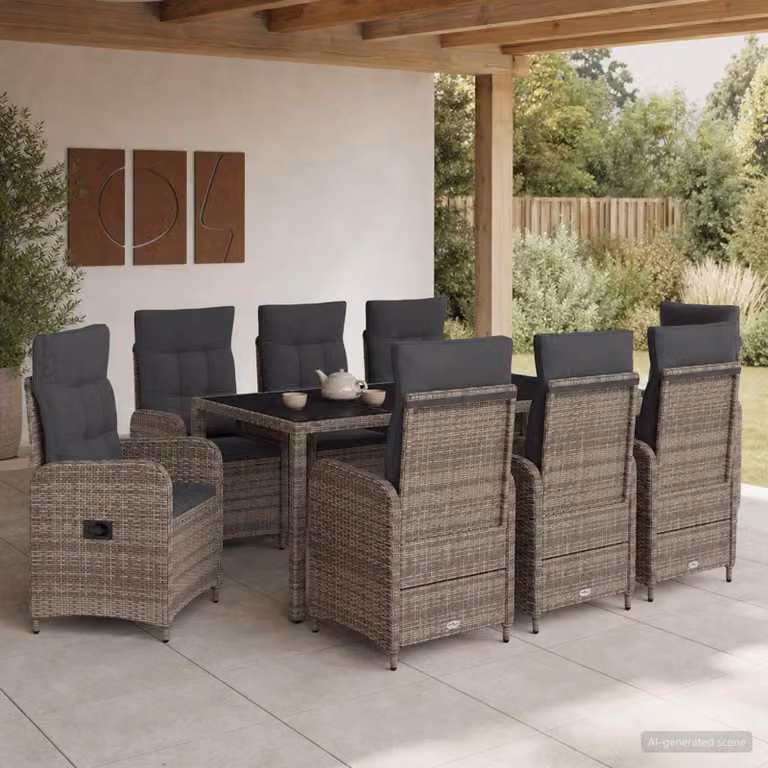 Set da pranzo per esterni vidaXL in polyrattan e vetro, 9 pezzi, Grigio