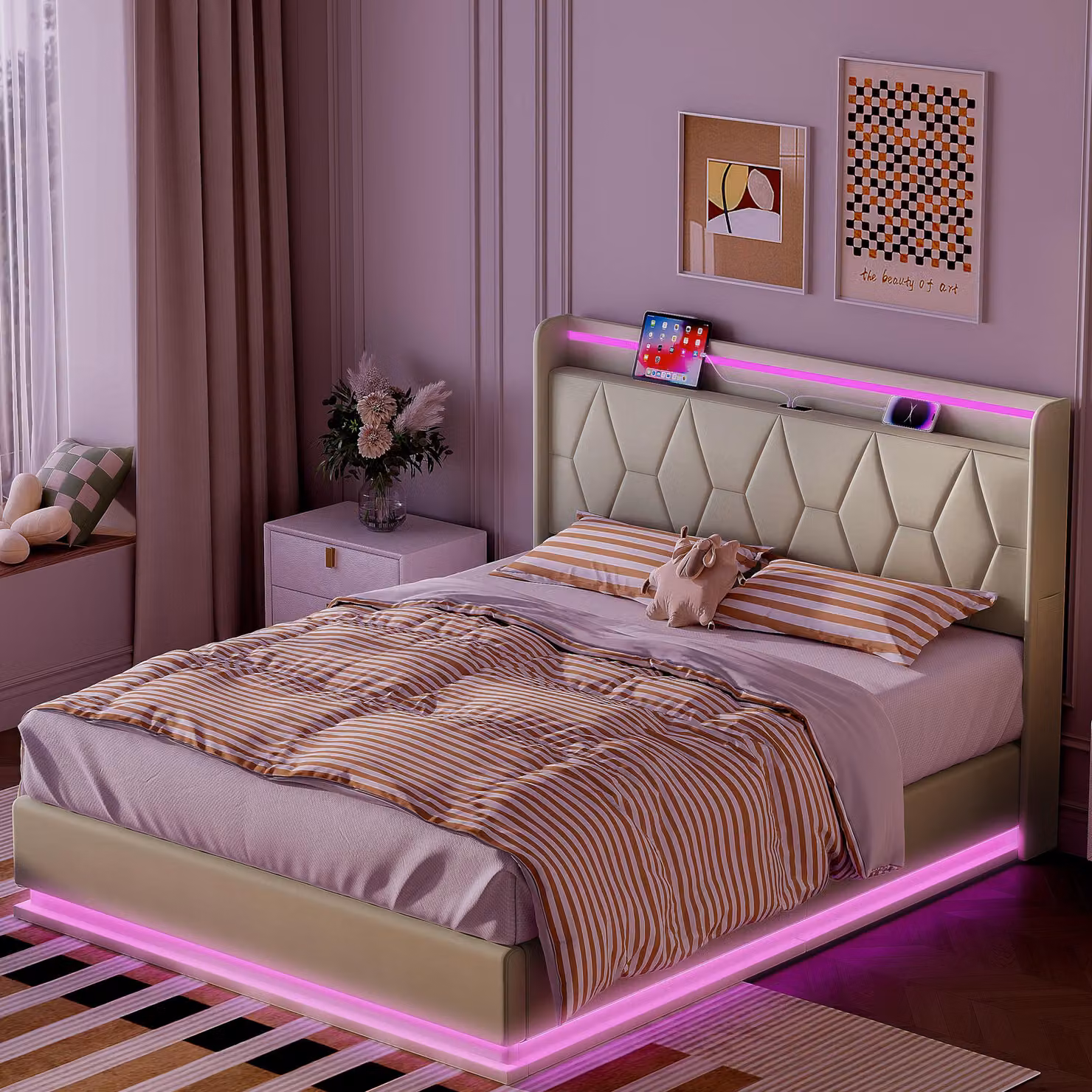 Letto imbottito UnboxG 140x200cm con illuminazione LED, porta di ricarica USB e base letto, alzata idraulica, bianco velluto