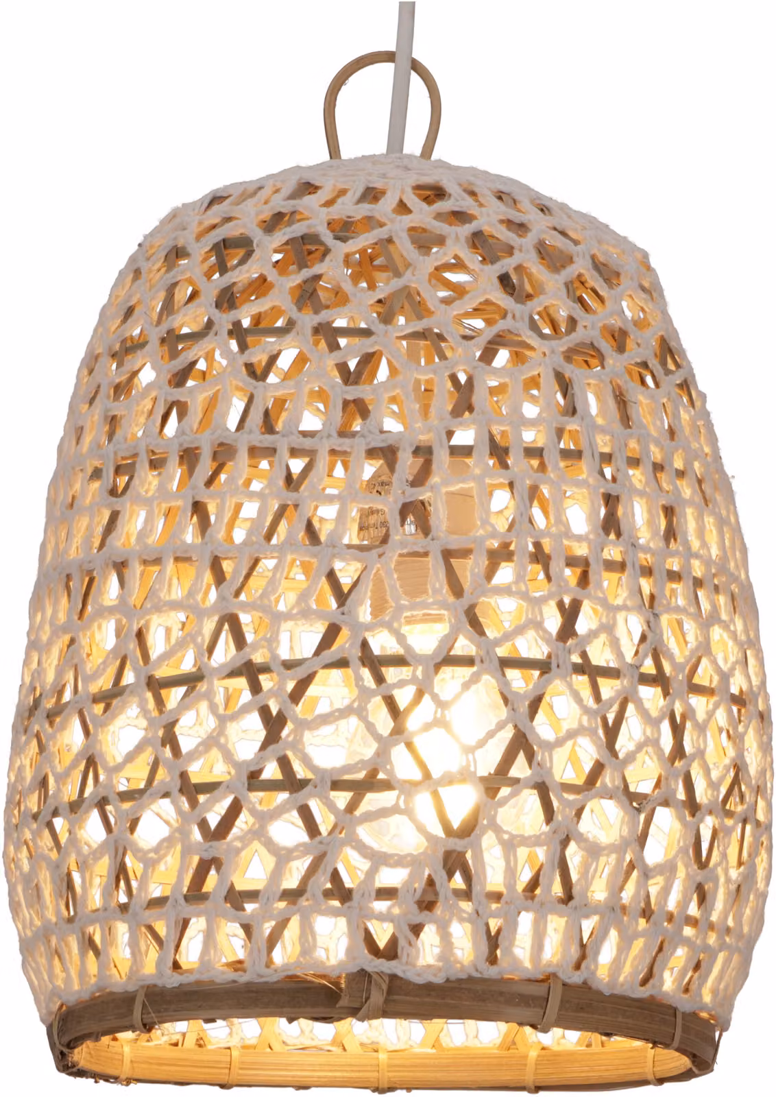 Lampada da soffitto / lampada a sospensione, realizzata a mano a Bali con materiali naturali, rattan, bambù, cotone - Modello Hermana S, bianco, bambù, tessuto di cotone, 30*23*23 cm, lampade a sospensione in materiali naturali