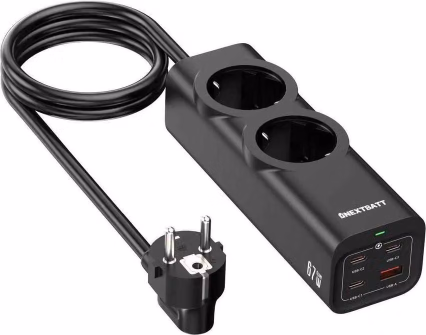 Multipresa a ricarica rapida NEXTBATT 67W a 2 vie/3xUSB-C/1xUSB-A, 2 m - Nero