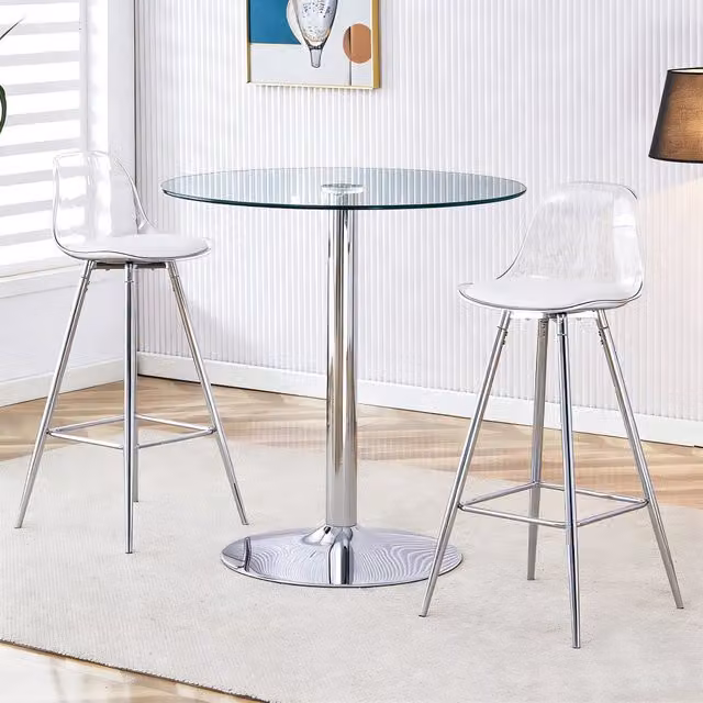 Set tavolo da bar con 2 sgabelli diametro 89 cm in vetro e metallo; argento e trasparente