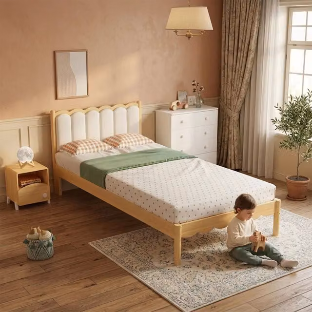 Letto imbottito singolo per bambini, testiera in PU, design a onda, rete a doghe stabile, legno massello, Beige, 90x200 cm