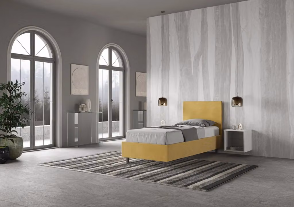 Letto singolo contenitore imbottito BS COM in microfibra colore ocra L 90 cm x P 200 cm x H 212 cm – 2