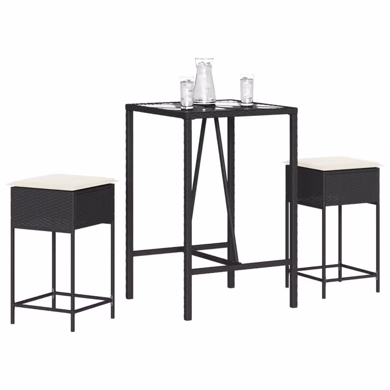Set Bar da Giardino vidaXL in Polyrattan e Metallo con Cuscini e Piano in Vetro, 3 Pezzi, Nero e Bianco