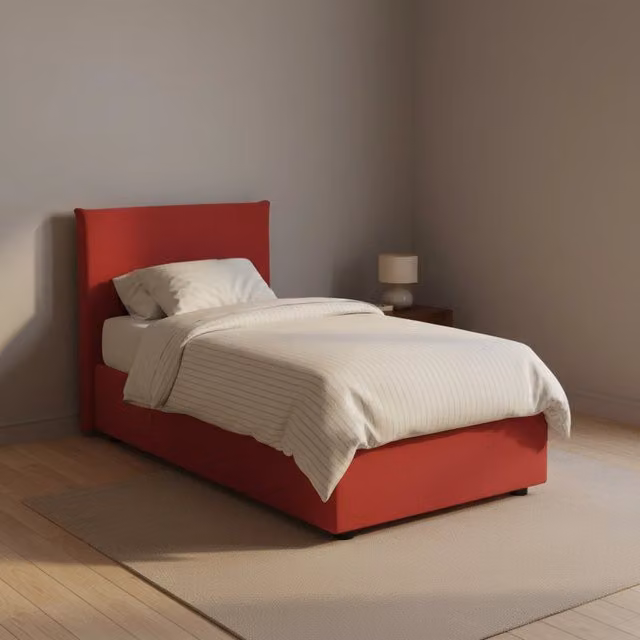 Letto singolo contenitore Aquilla Talamo Italia con materasso incluso, rivestimento in tessuto rosso, apertura frontale, L/P/H: 80 x 190 x 205 cm