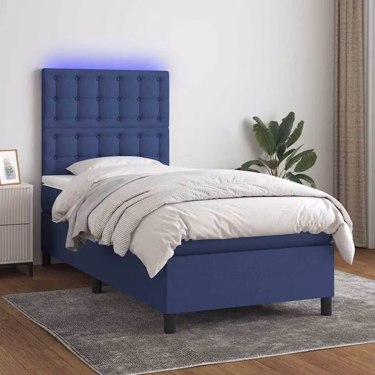 Letto a molle con materasso vidaXL in tessuto blu e bianco con illuminazione LED e porta USB, L/P: 90 x 190 cm
