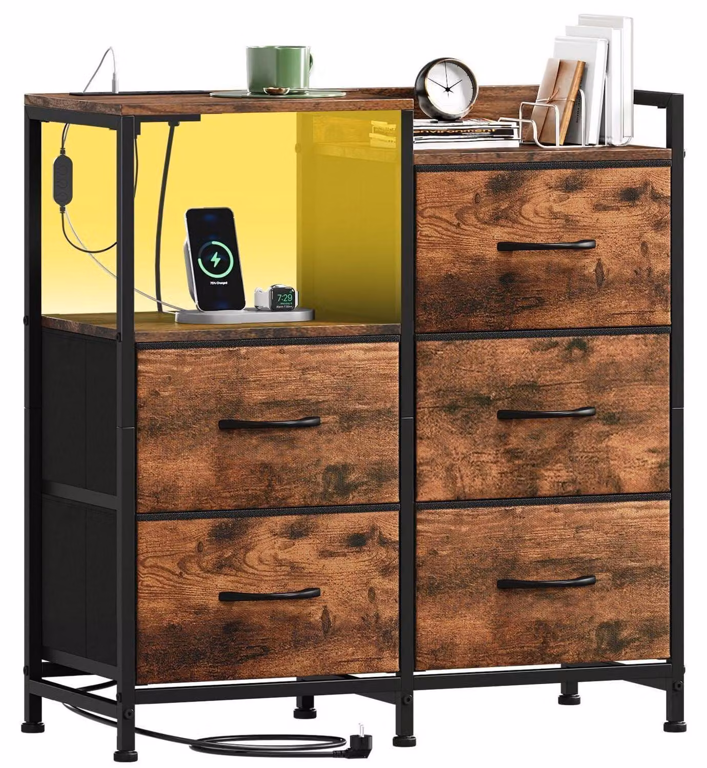 Comodino con cassetti, illuminazione LED e presa multipla, 5 cassetti rivestiti in tessuto, finitura effetto legno, dimensioni 66,5 x 29 x 70,5 cm