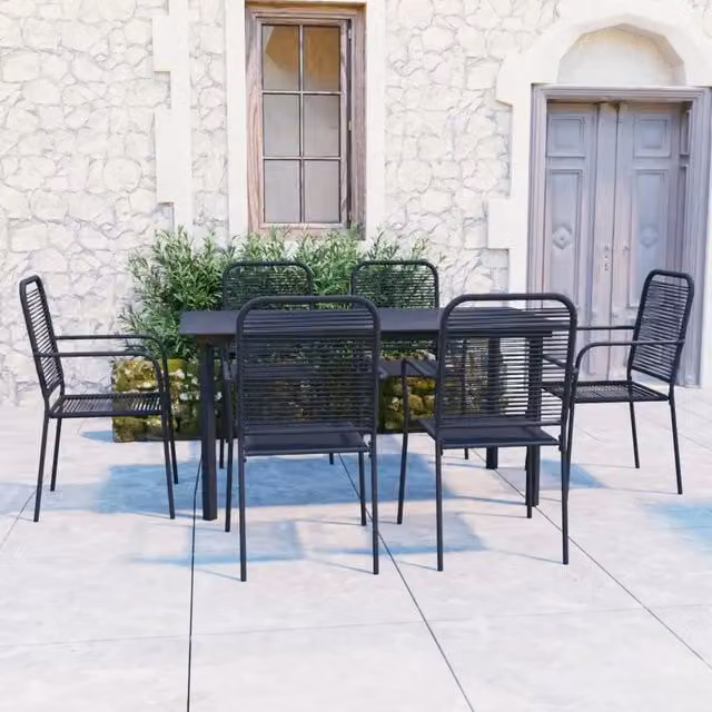 Set da Pranzo da Giardino 7 pz Nero in Vetro e Acciaio 3060210